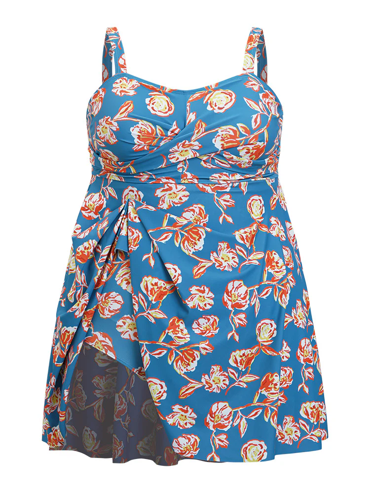 Floral Contrast Crossover Front Ruffles Adjustable Straps Swim Dress - Image 7