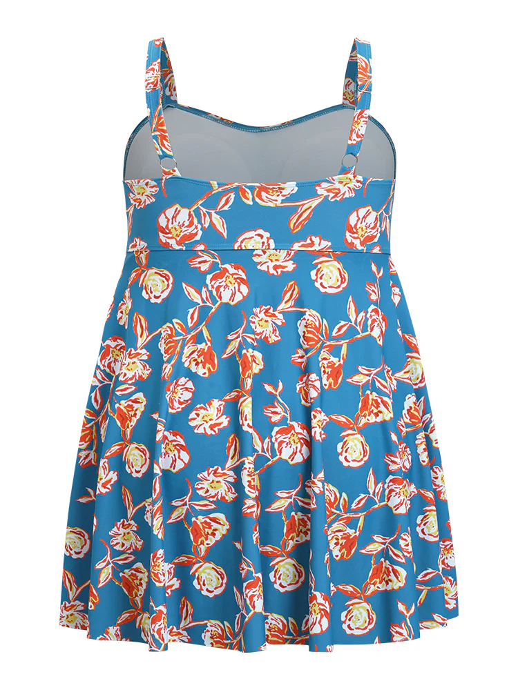 Floral Contrast Crossover Front Ruffles Adjustable Straps Swim Dress - Image 8