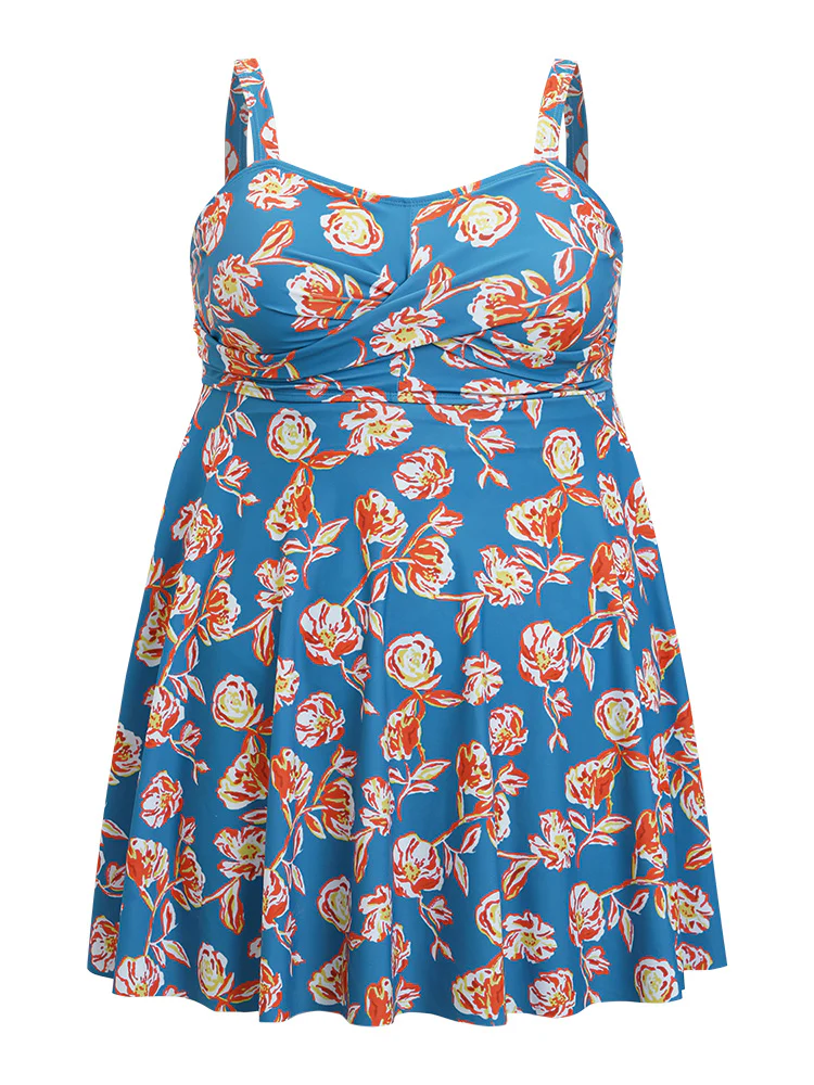 Floral Contrast Crossover Front Ruffles Adjustable Straps Swim Dress - Image 9