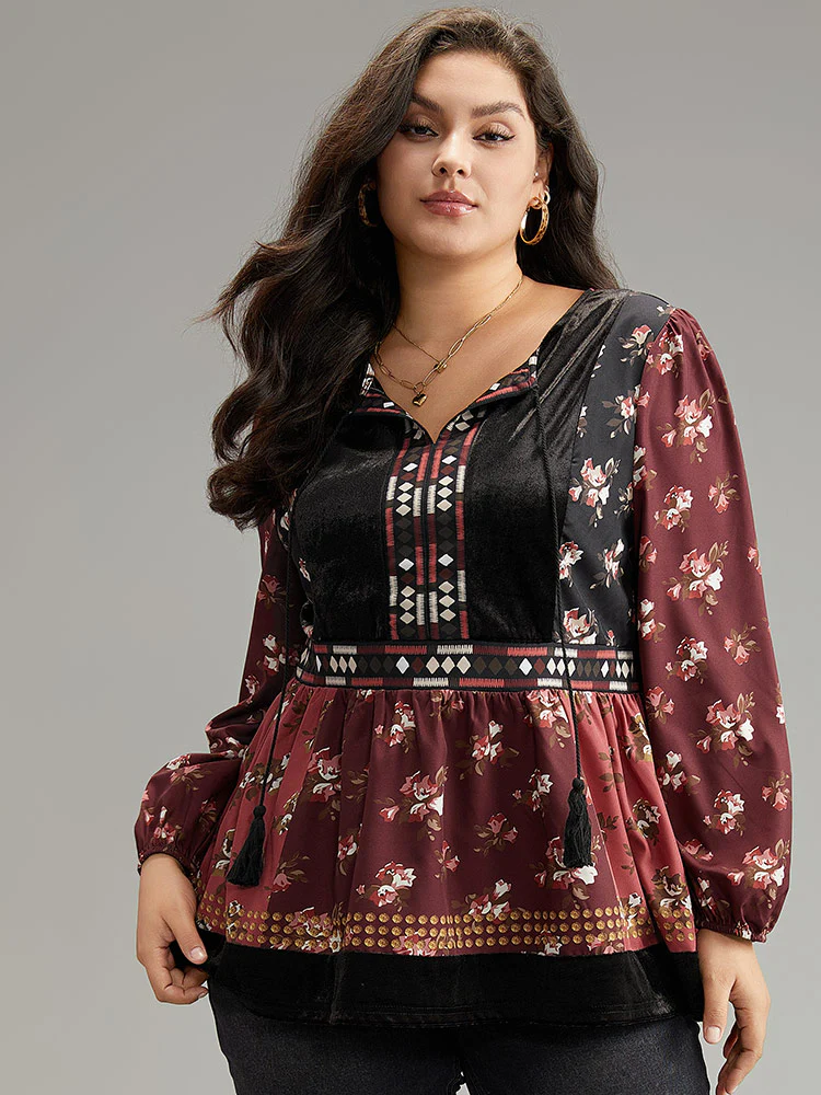 Velvet Floral Contrast Knot Neck Tassel Blouse