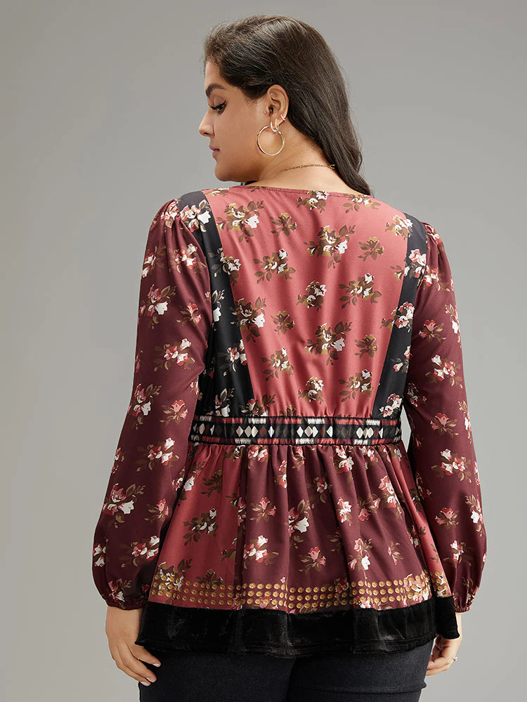 Velvet Floral Contrast Knot Neck Tassel Blouse - Image 3