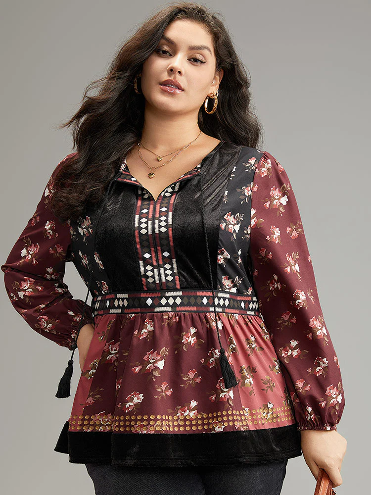 Velvet Floral Contrast Knot Neck Tassel Blouse - Image 4