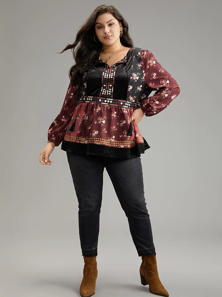 Velvet Floral Contrast Knot Neck Tassel Blouse - Image 5