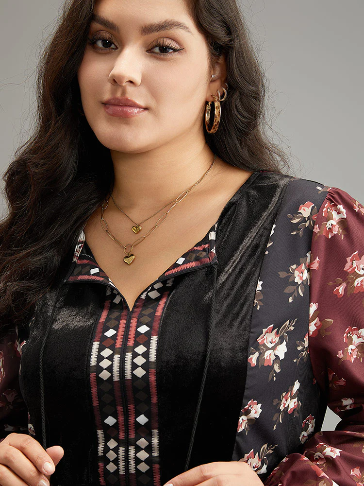 Velvet Floral Contrast Knot Neck Tassel Blouse - Image 6