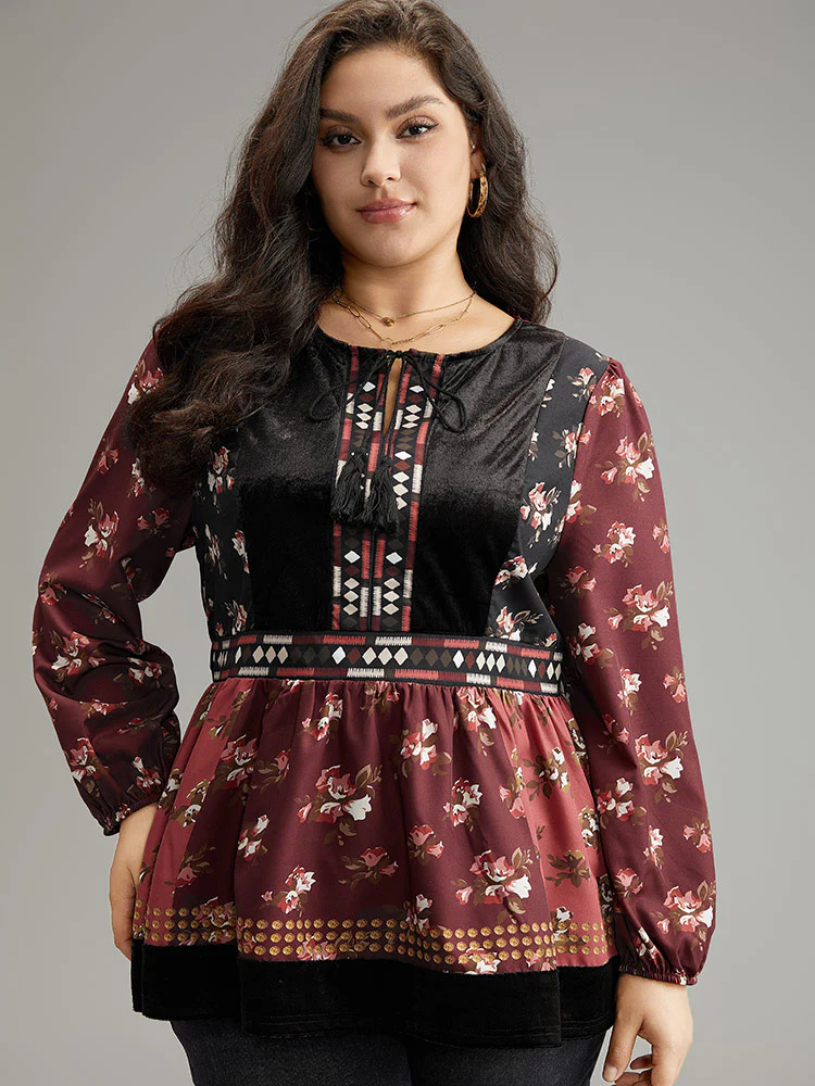 Velvet Floral Contrast Knot Neck Tassel Blouse - Image 7