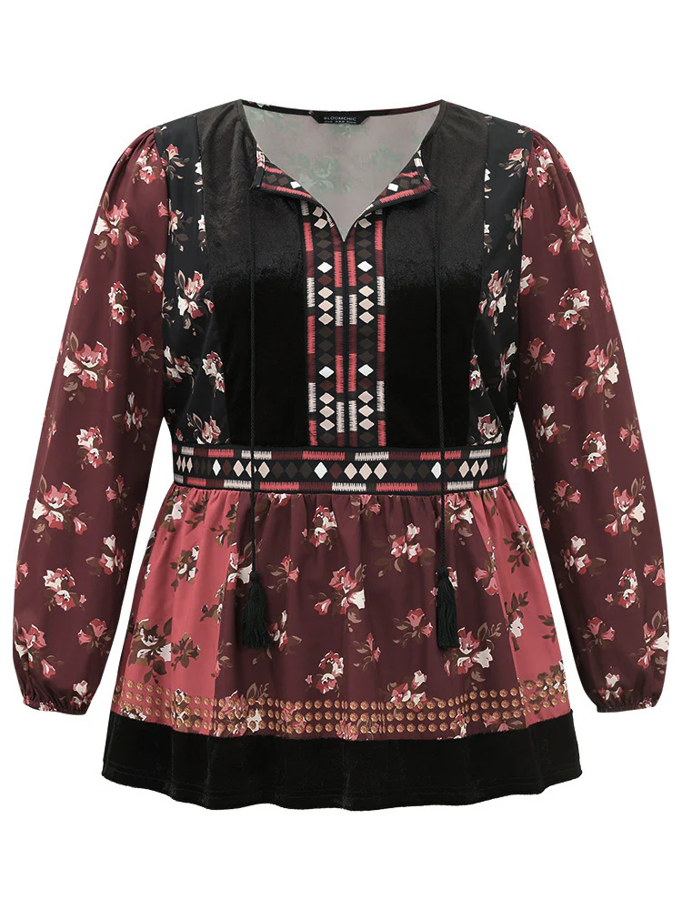 Velvet Floral Contrast Knot Neck Tassel Blouse - Image 8