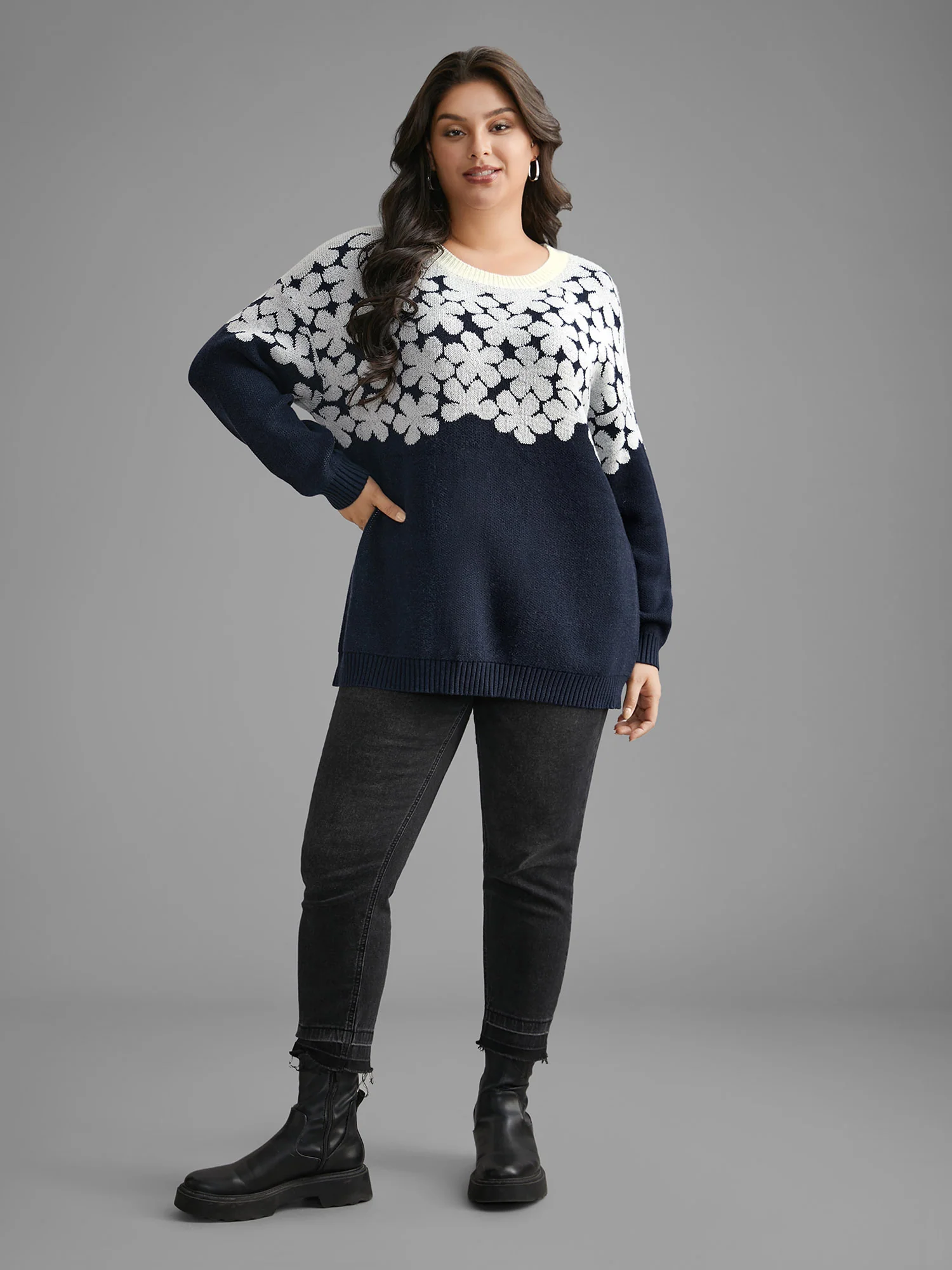 Floral Contrast Patchwork Drop Shoulder Pullover - Image 5