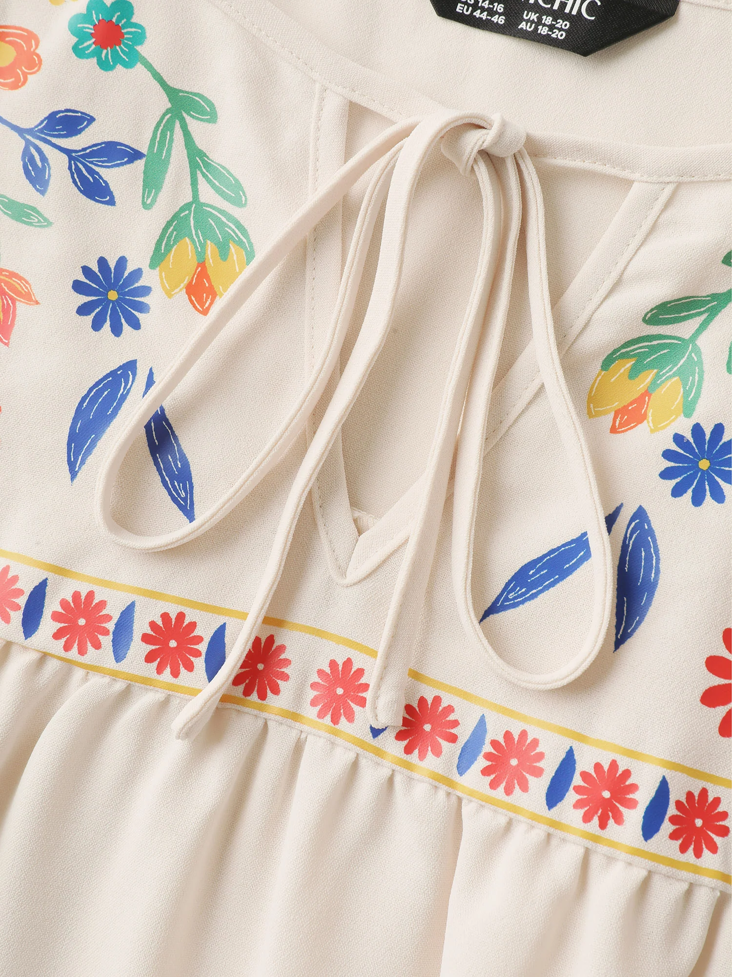 Floral Contrast Pleated Neck Tie Blouse - Image 6