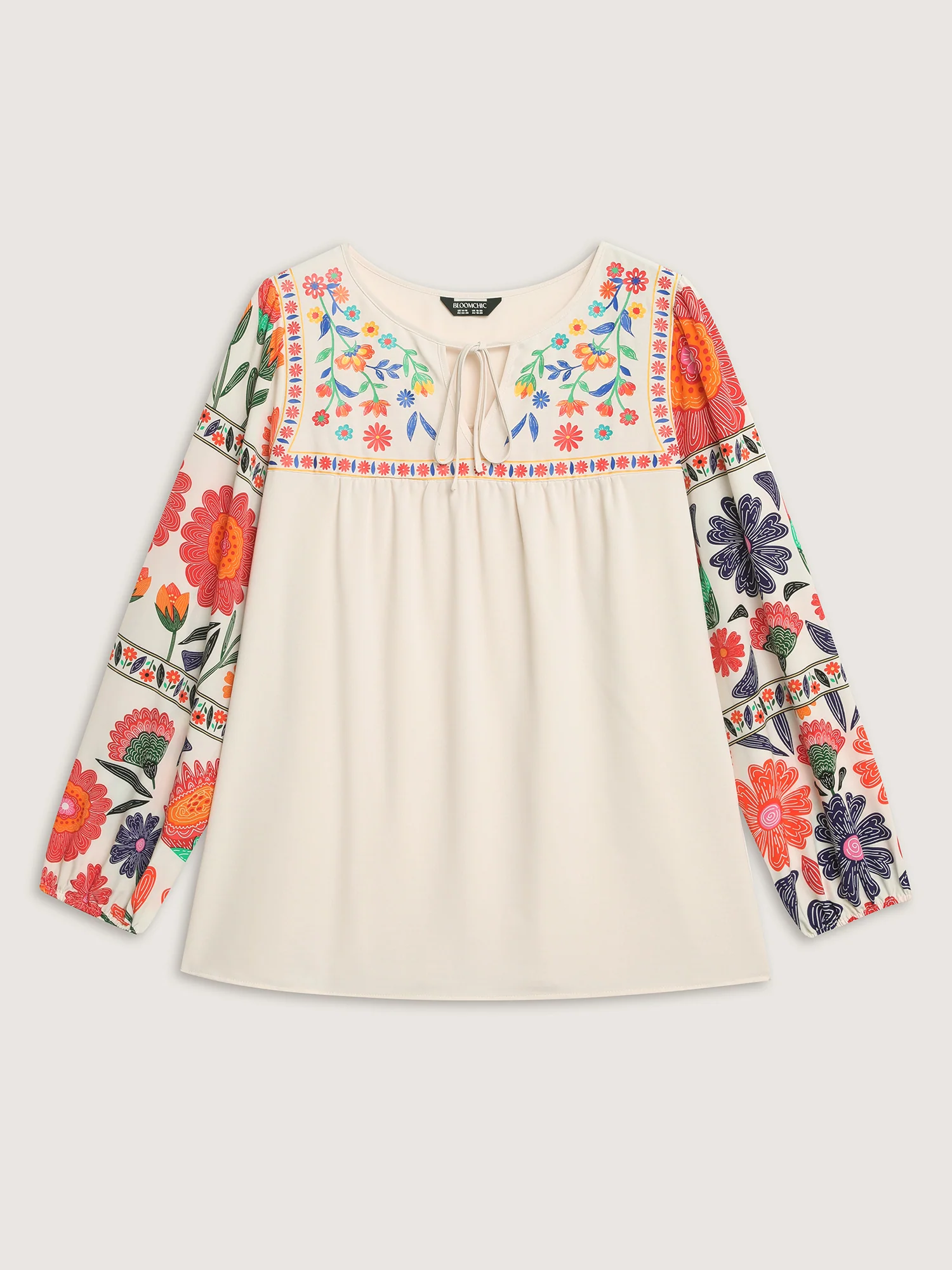 Floral Contrast Pleated Neck Tie Blouse - Image 8