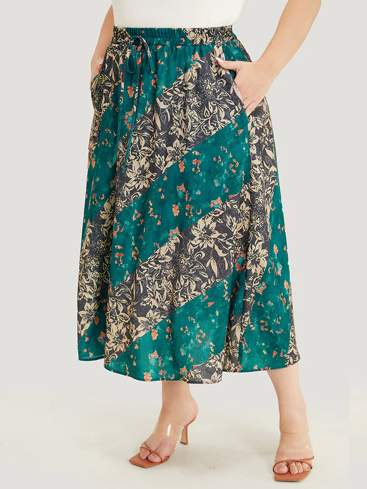 Floral Contrast Pocket Knot Front Skirt - Image 2