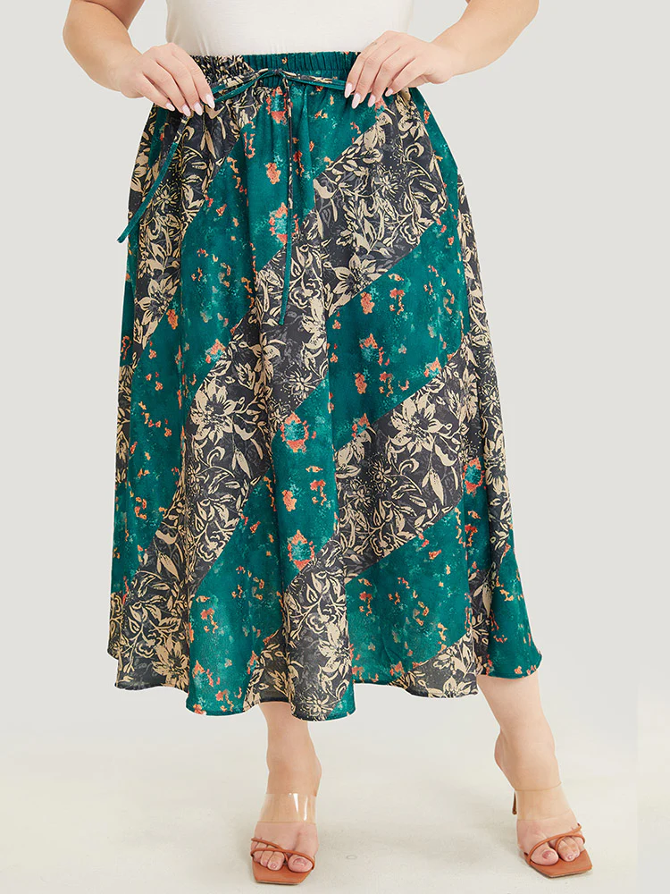 Floral Contrast Pocket Knot Front Skirt - Image 3