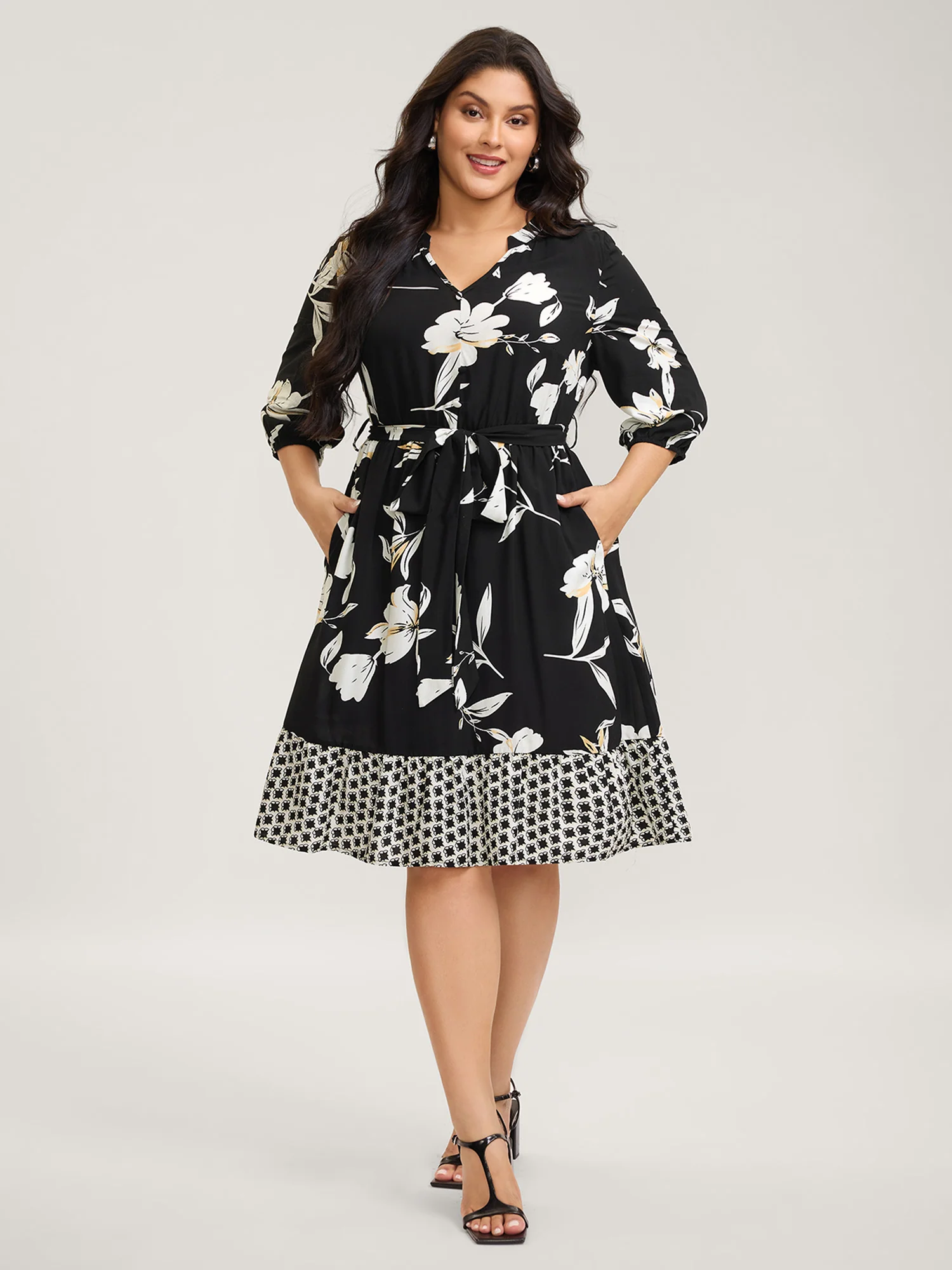 Floral Contrast Polka Dots Midi Dress - Image 3