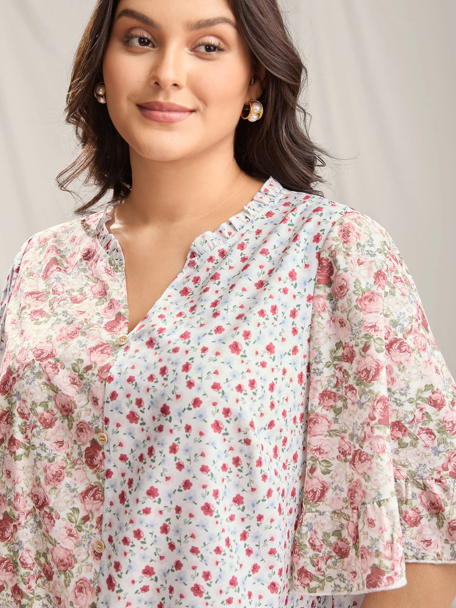 Floral Contrast Print Button Detail Blouse - Image 2