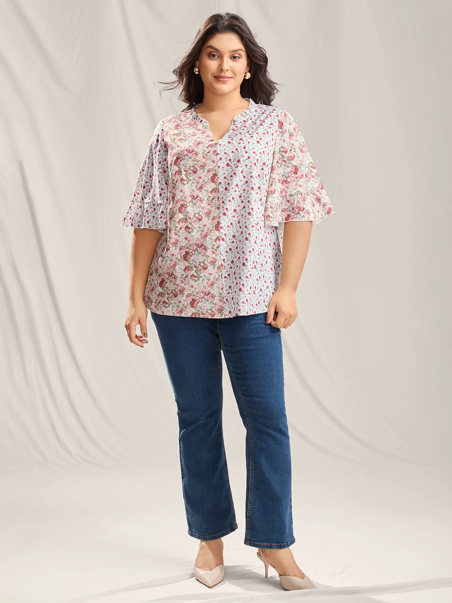 Floral Contrast Print Button Detail Blouse - Image 3