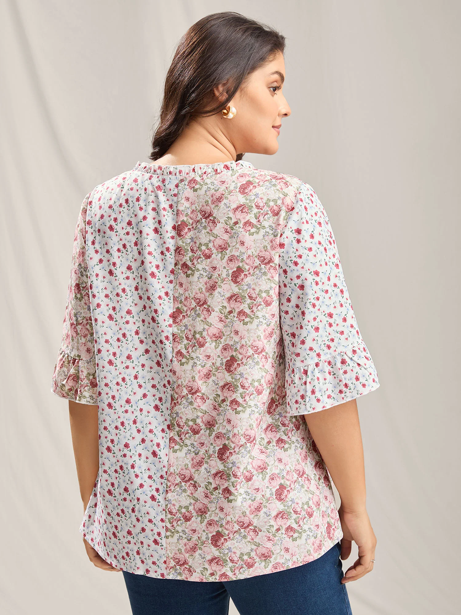Floral Contrast Print Button Detail Blouse - Image 4