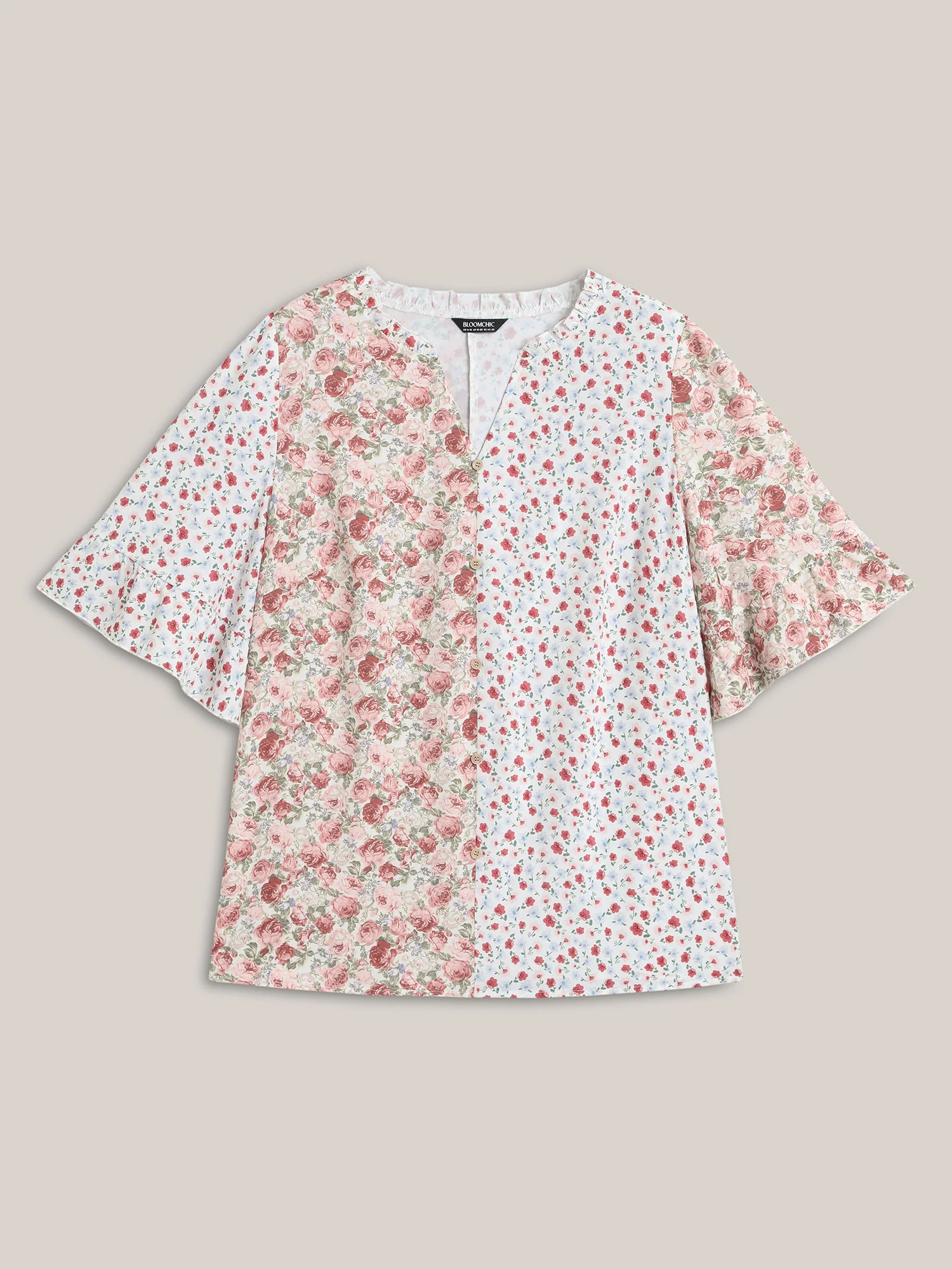 Floral Contrast Print Button Detail Blouse - Image 7