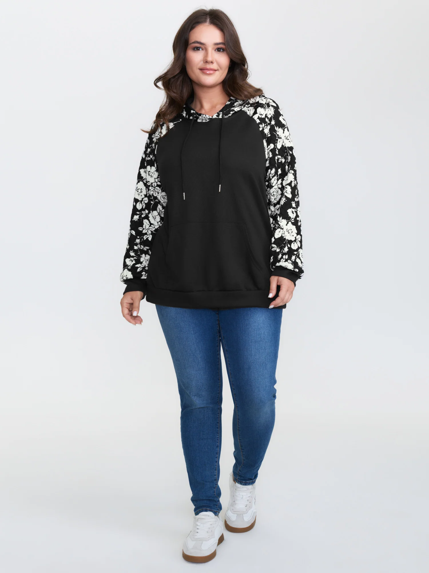 Floral Contrast Textured Pockets Hoodie - Image 3