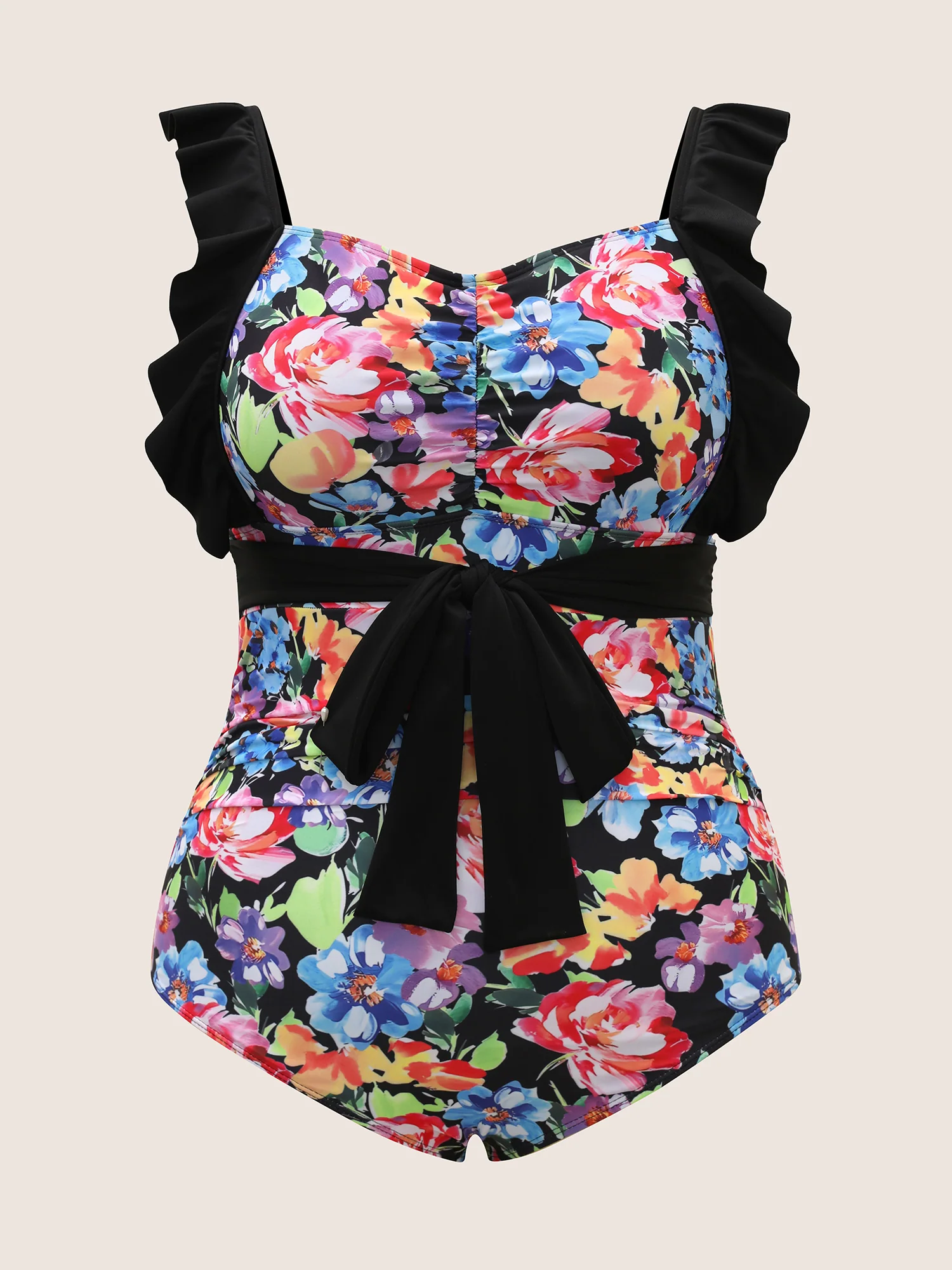 Floral Contrast Tie Knot Ruffle Trim One Piece Swimsuit - Image 7