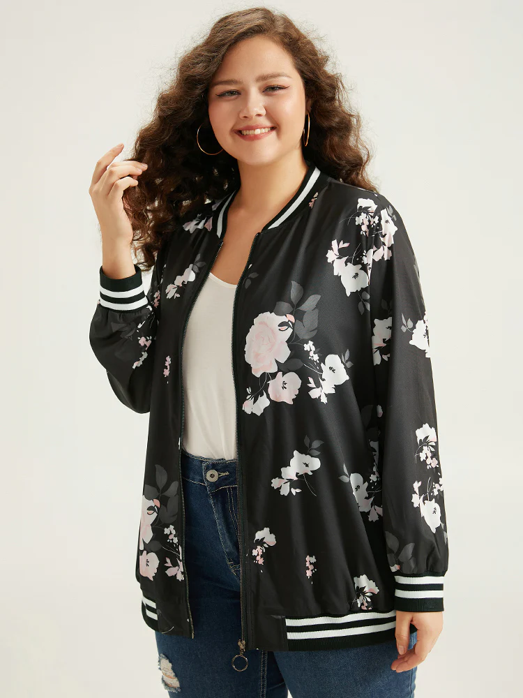 Floral Contrast Trim O Ring Zipper Jacket - Image 2