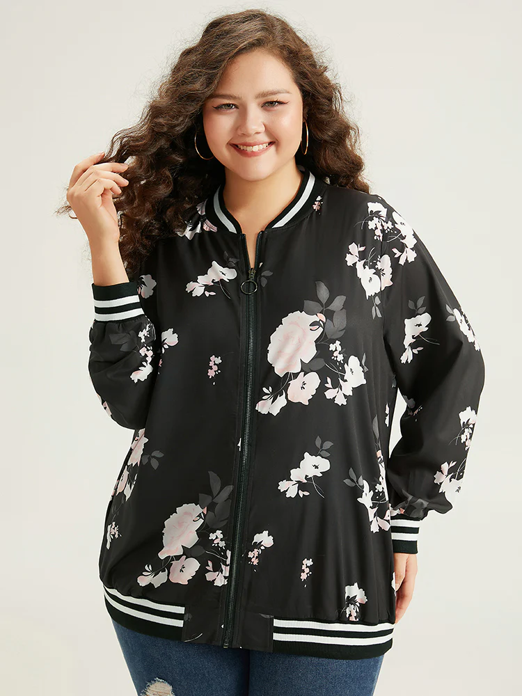 Floral Contrast Trim O Ring Zipper Jacket - Image 3