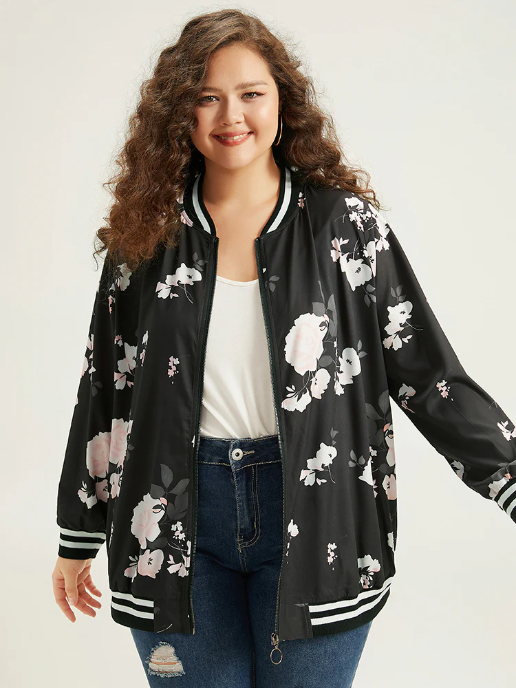 Floral Contrast Trim O Ring Zipper Jacket - Image 4