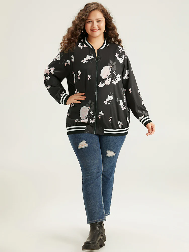 Floral Contrast Trim O Ring Zipper Jacket - Image 5