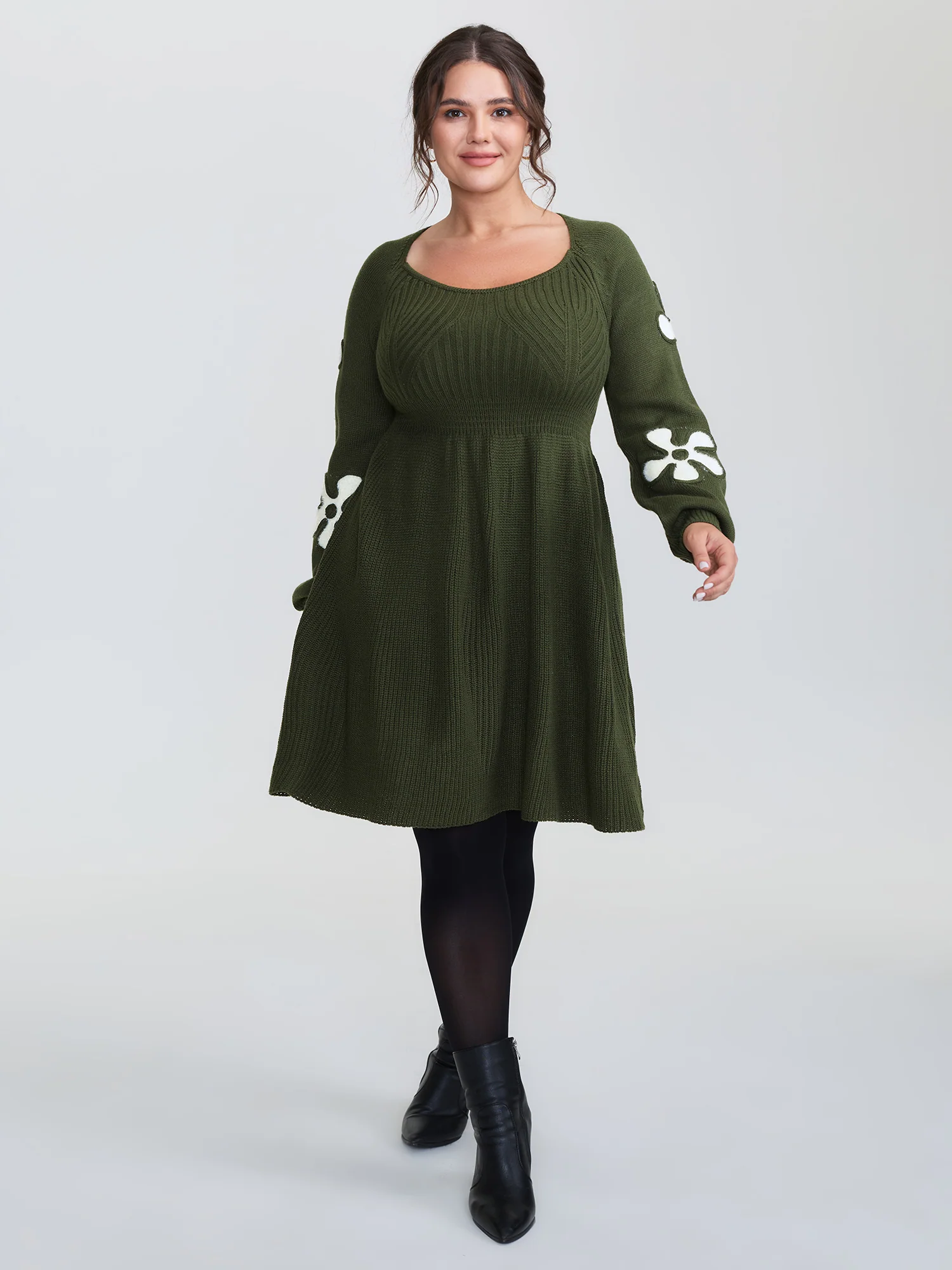 Floral Cord Embroidered Cinched-Waist Sweater Dress - Image 3