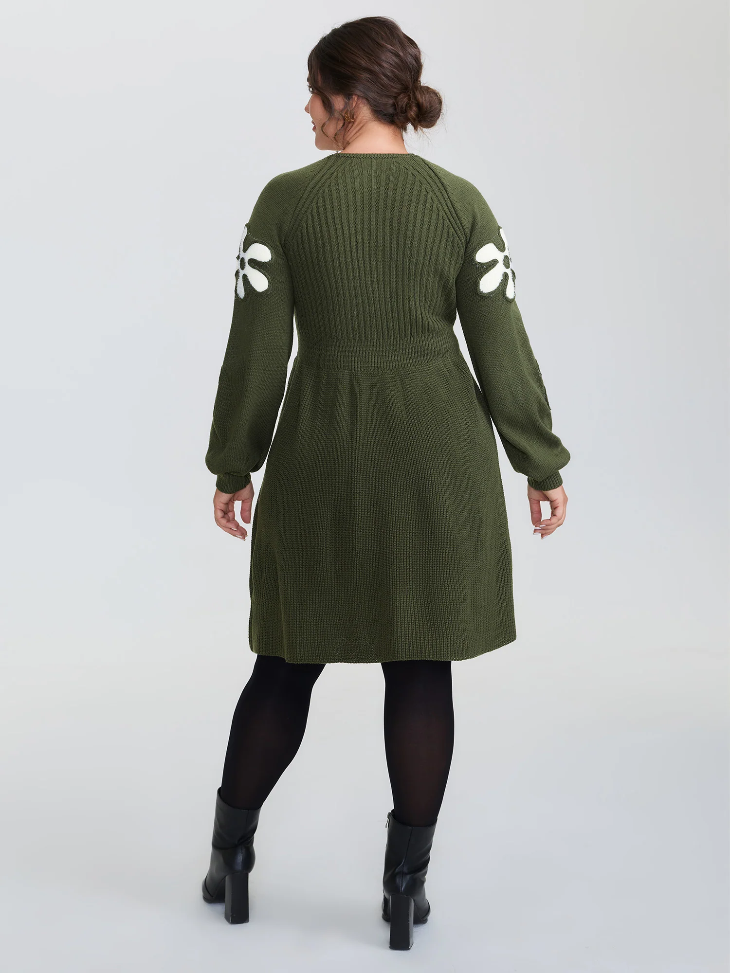 Floral Cord Embroidered Cinched-Waist Sweater Dress - Image 4