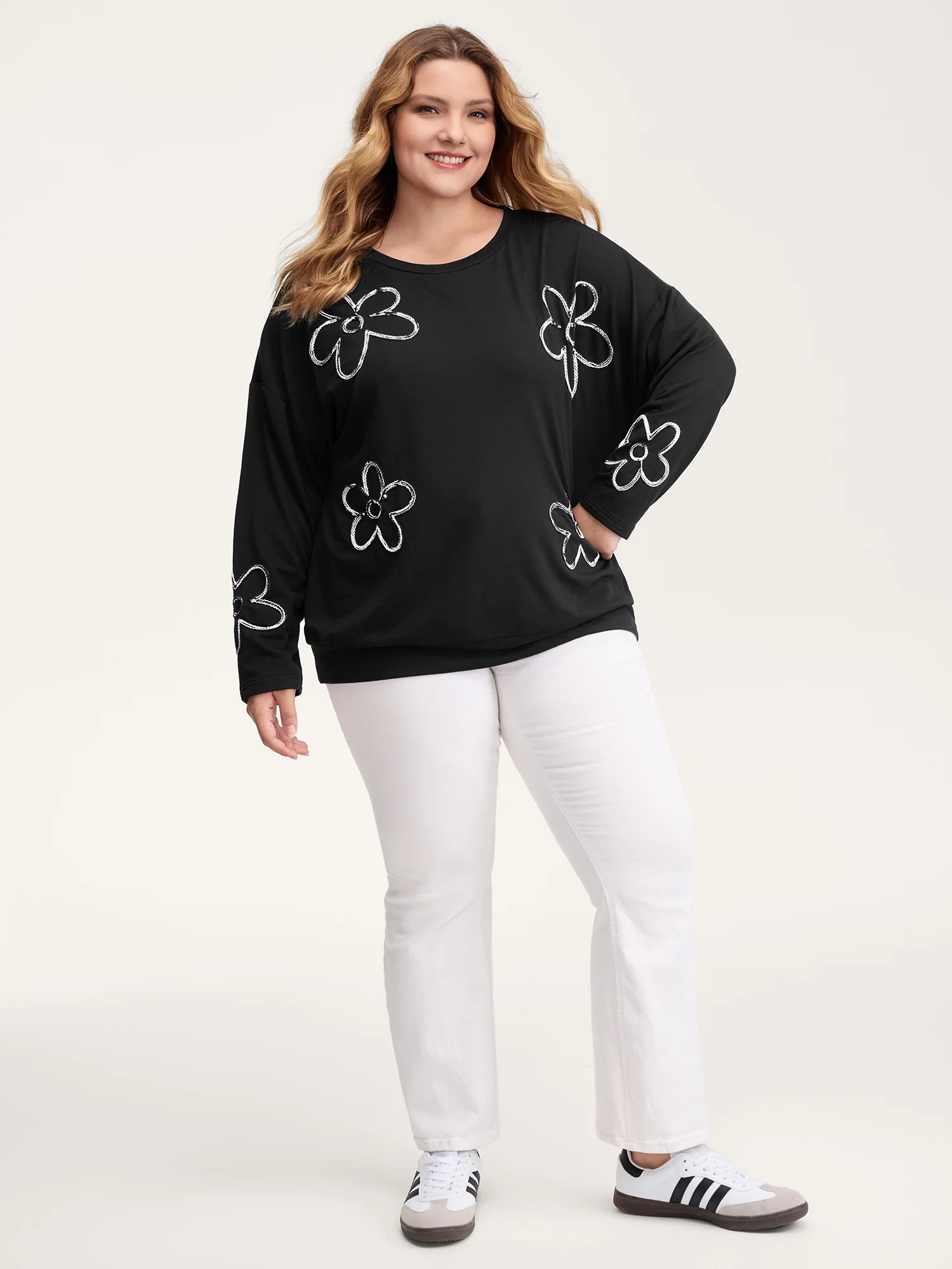 Floral Cord Embroidery Round Neck Sweatshirt - Image 3