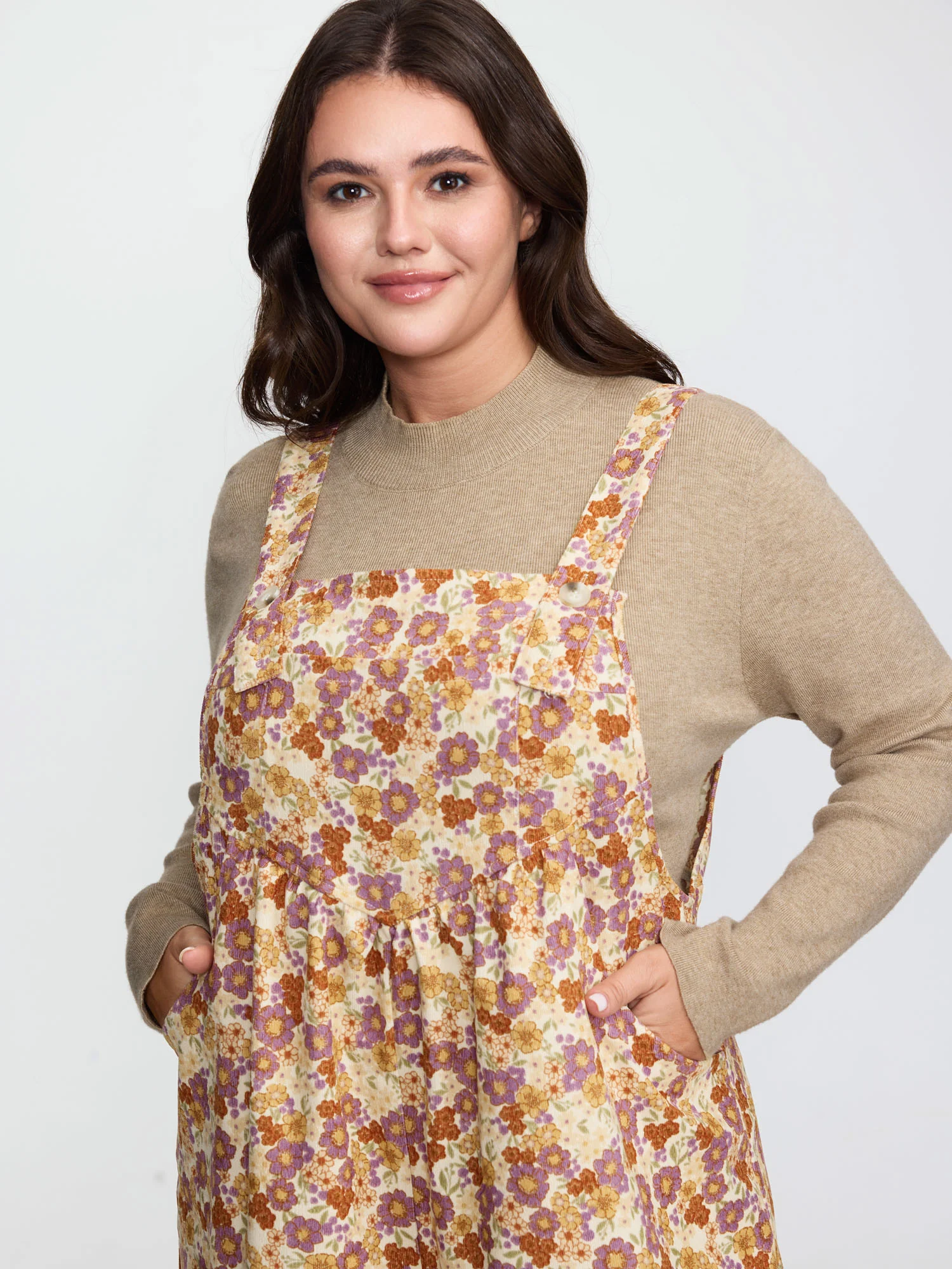 Floral Corduroy Adjustable Pockets Overall Jumpsuit - Image 2