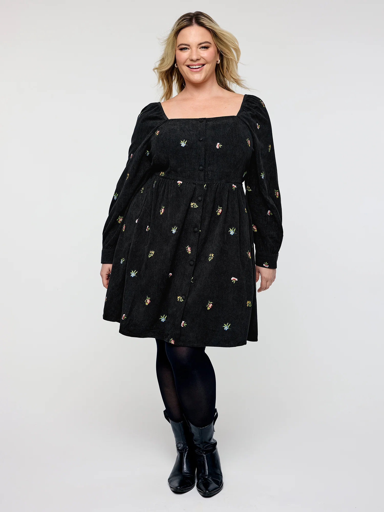 Floral Corduroy Embroidery Square Neck Knee Dress - Image 3