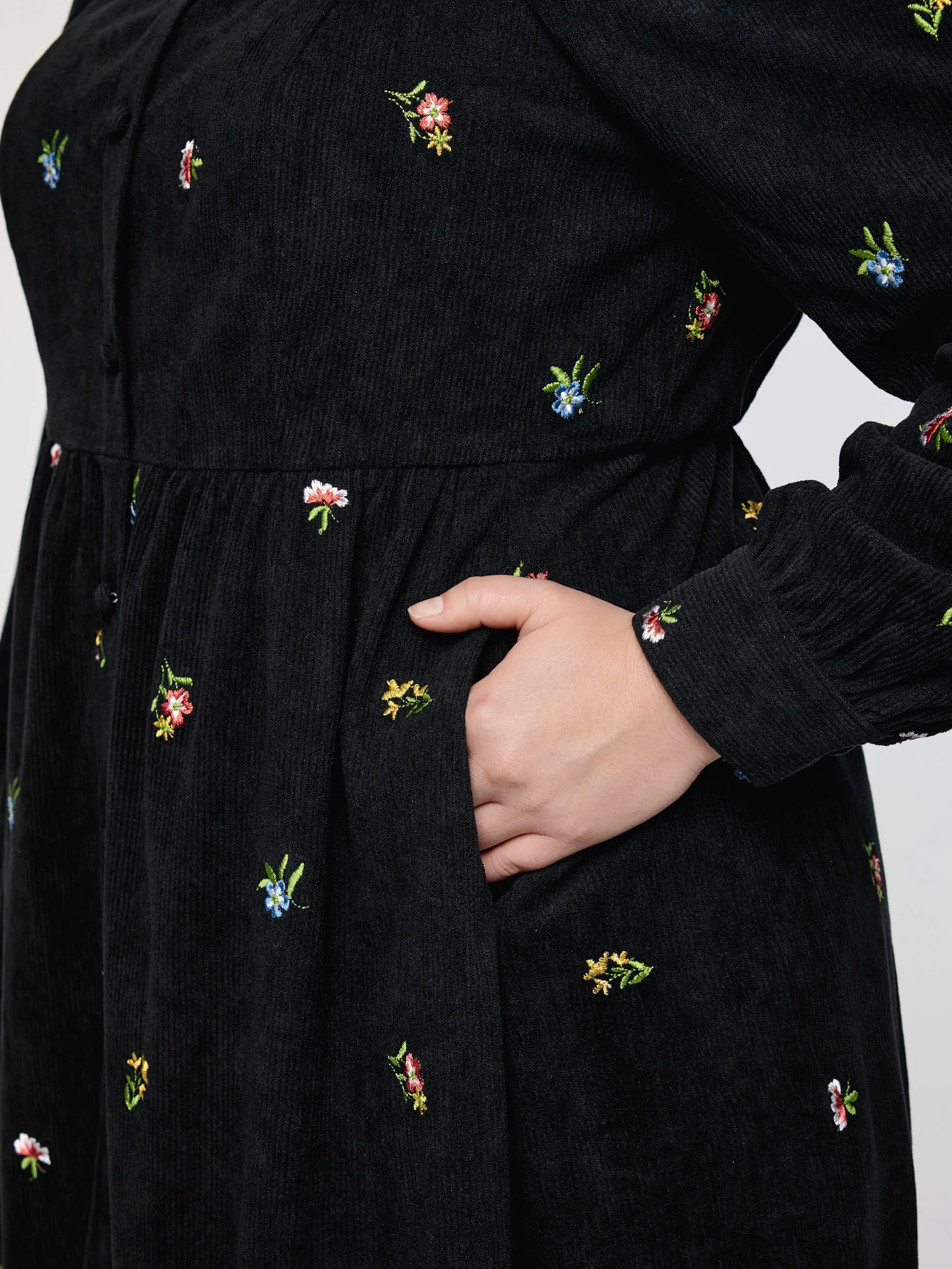 Floral Corduroy Embroidery Square Neck Knee Dress - Image 4