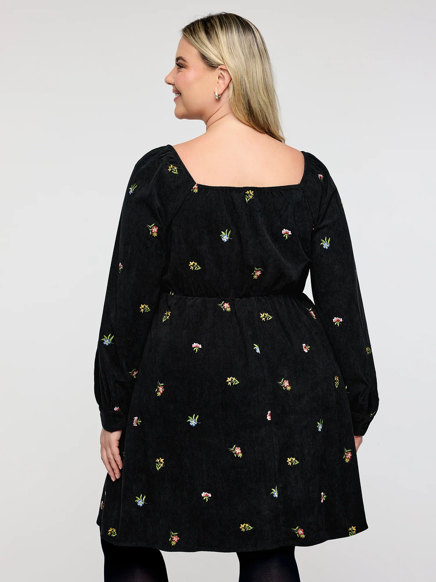 Floral Corduroy Embroidery Square Neck Knee Dress - Image 5