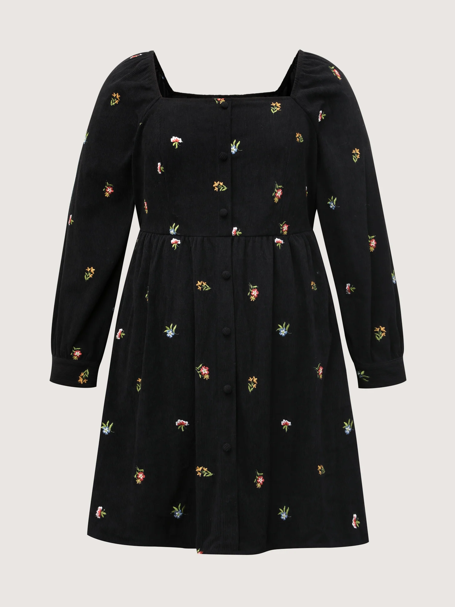 Floral Corduroy Embroidery Square Neck Knee Dress - Image 8