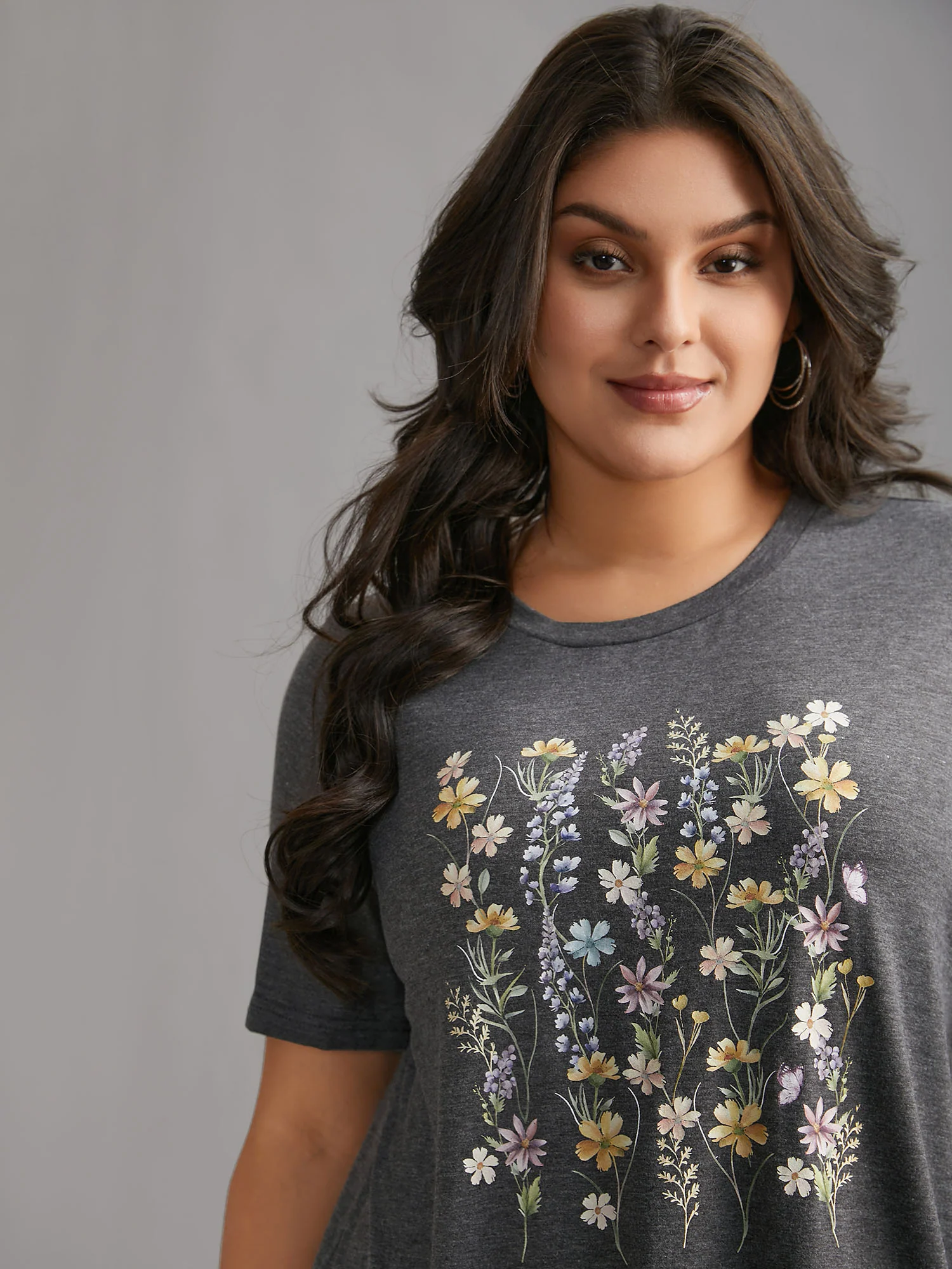 Floral Crew Neck Stretchy T-Shirt - Image 2