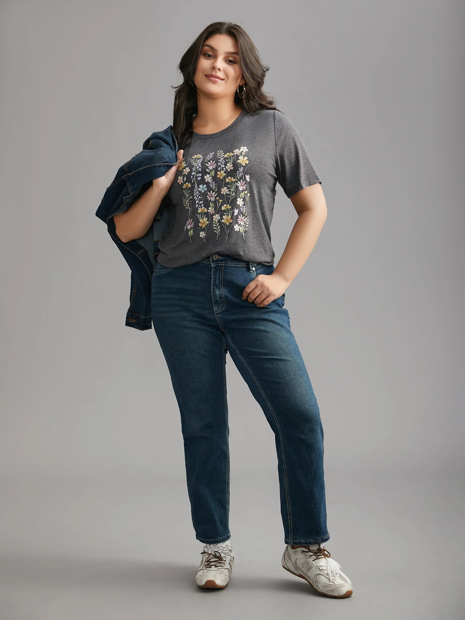 Floral Crew Neck Stretchy T-Shirt - Image 3