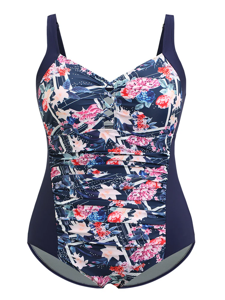 Floral Crisscross Front Ruched Sculpt Waist One Piece Swimsuit - Image 6