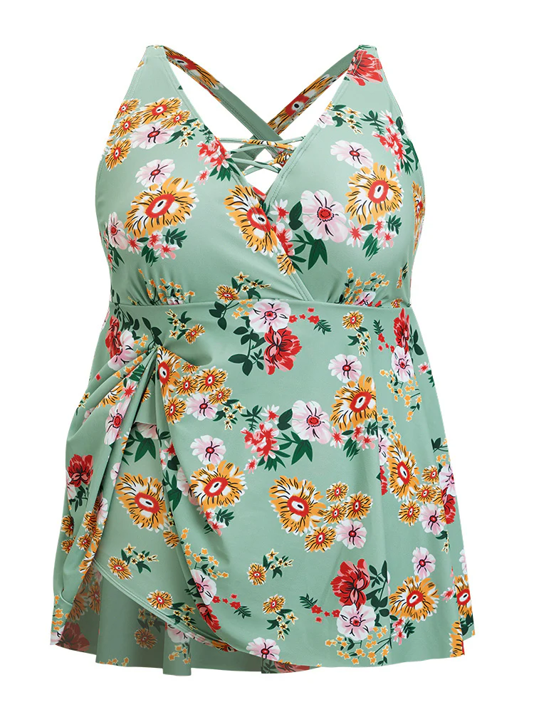 Floral Crisscross Surplice Neck Flutter Hem Swim Dress - Image 10
