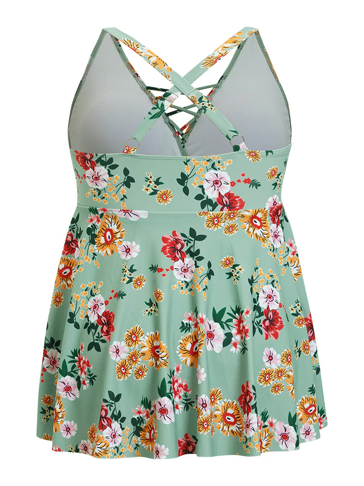 Floral Crisscross Surplice Neck Flutter Hem Swim Dress - Image 11