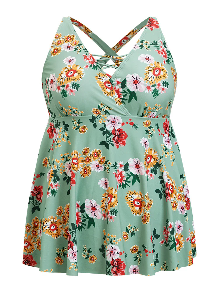 Floral Crisscross Surplice Neck Flutter Hem Swim Dress - Image 12