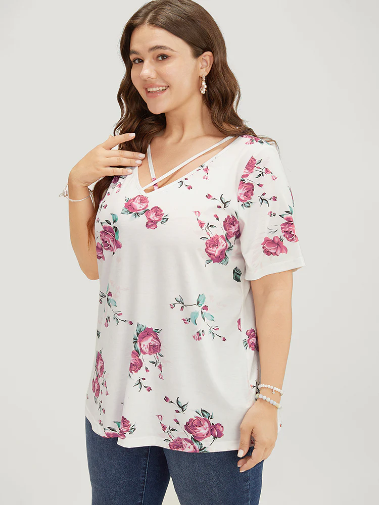 Floral Crisscross V Neck T-shirt - Image 3