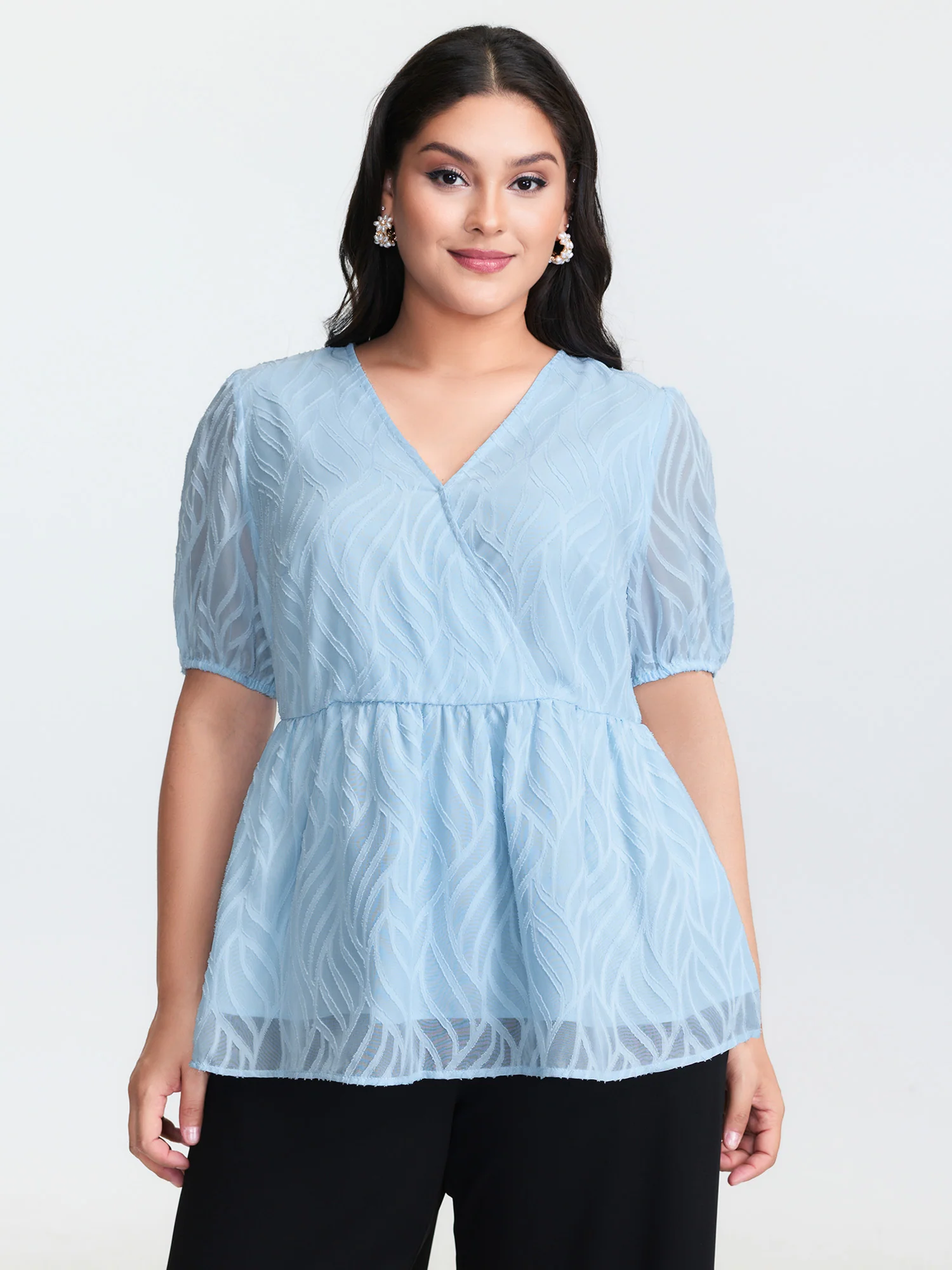 Floral Cut Fabric Stretchy Waist Flared Blouse