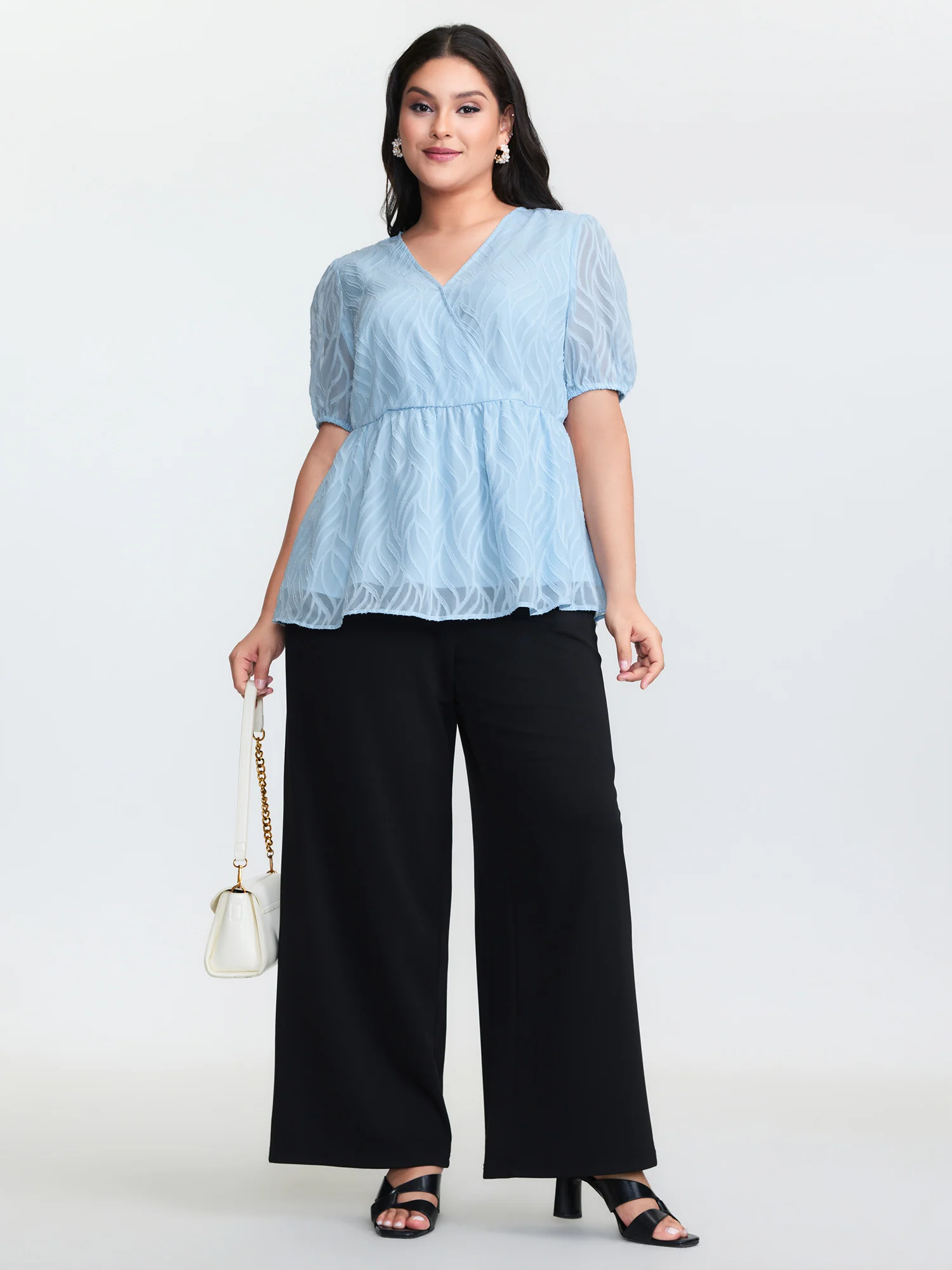 Floral Cut Fabric Stretchy Waist Flared Blouse - Image 3