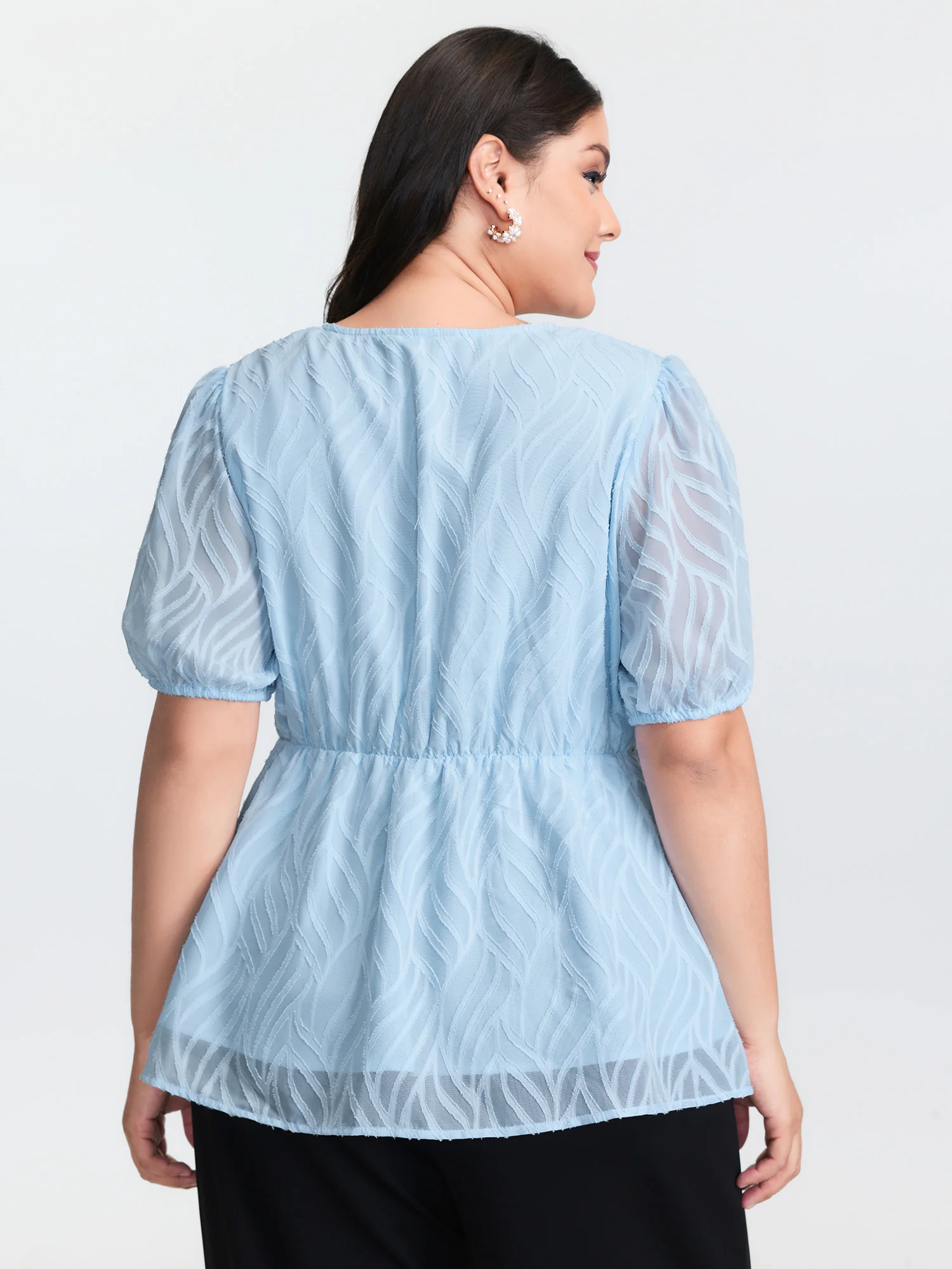 Floral Cut Fabric Stretchy Waist Flared Blouse - Image 4