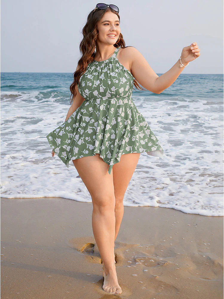 Floral Cut Out Cathered Hanky Hem Tankini Top - Image 6