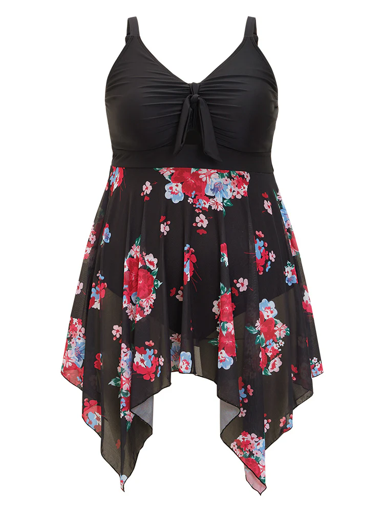 Floral Cut Out Drawstring Hanky Hem Knotted Swim Dress - Image 9