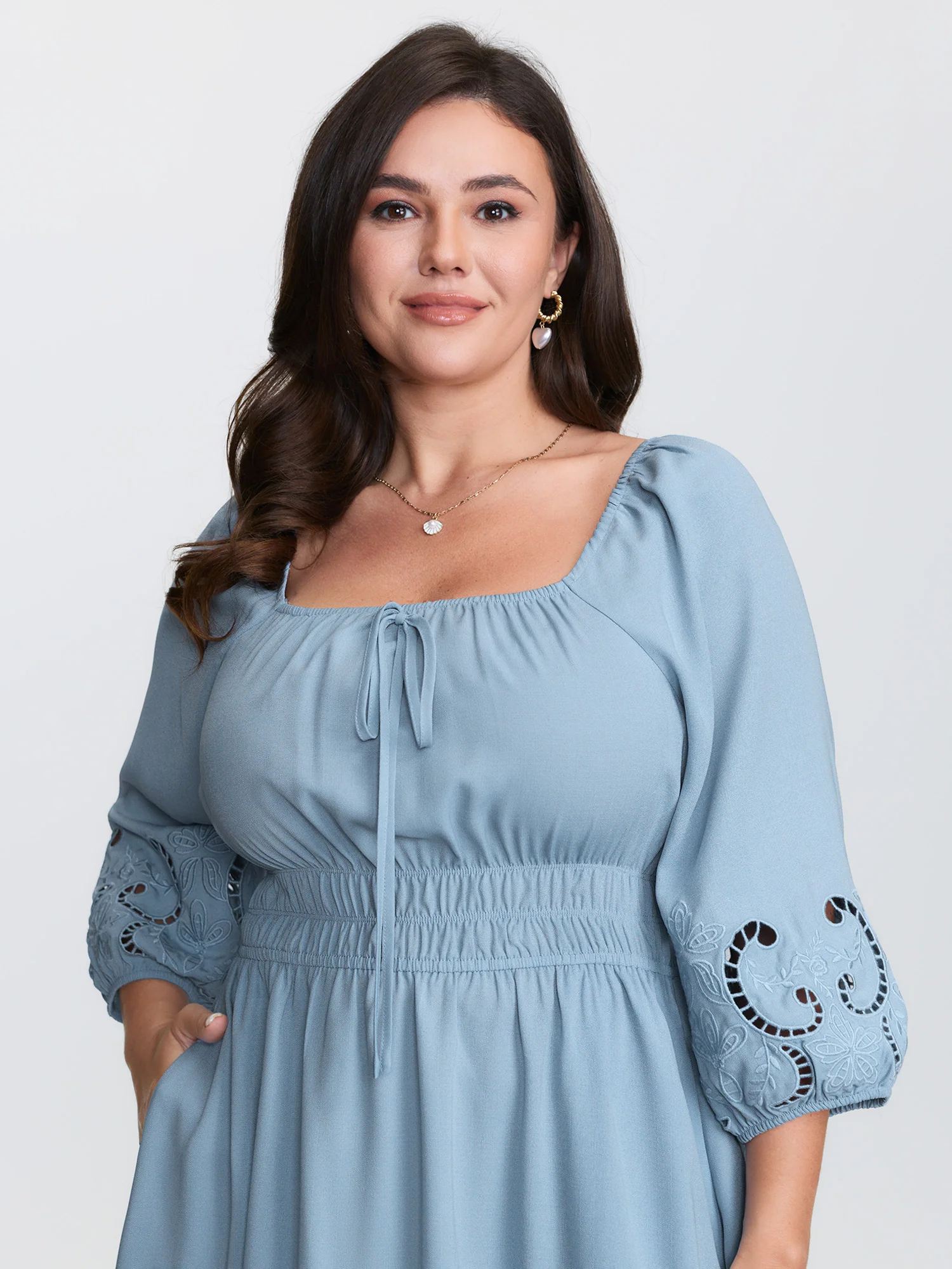 Floral Cut-Out Embroidery Stretchy Waist Midi Dress - Image 2