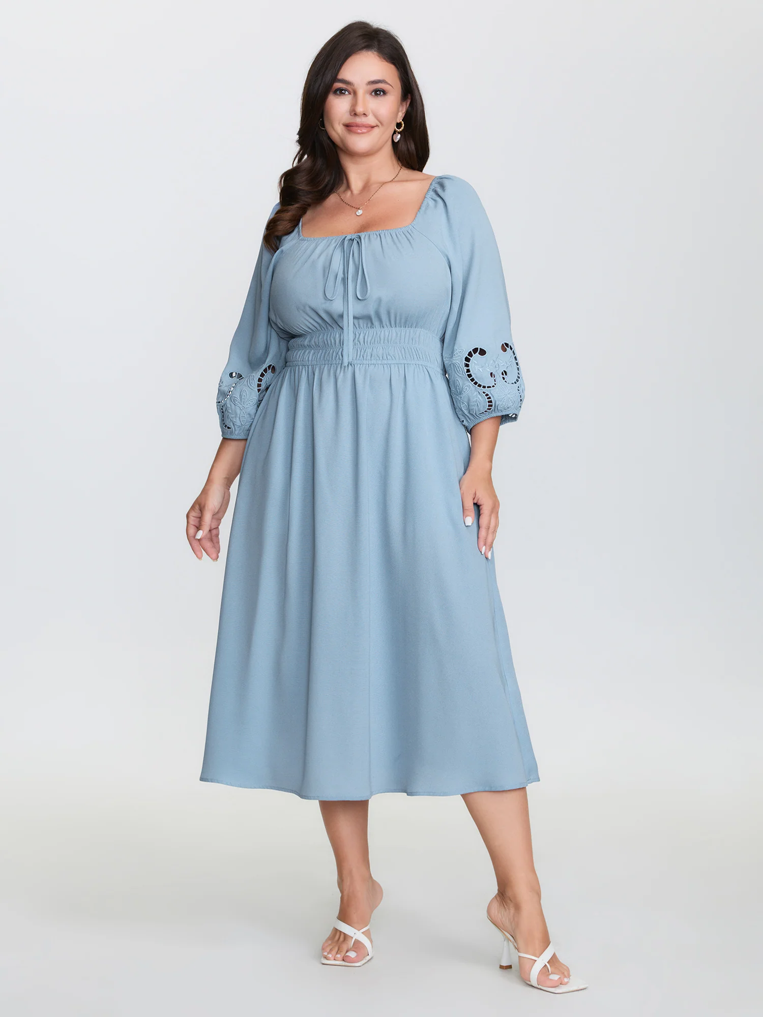 Floral Cut-Out Embroidery Stretchy Waist Midi Dress - Image 4