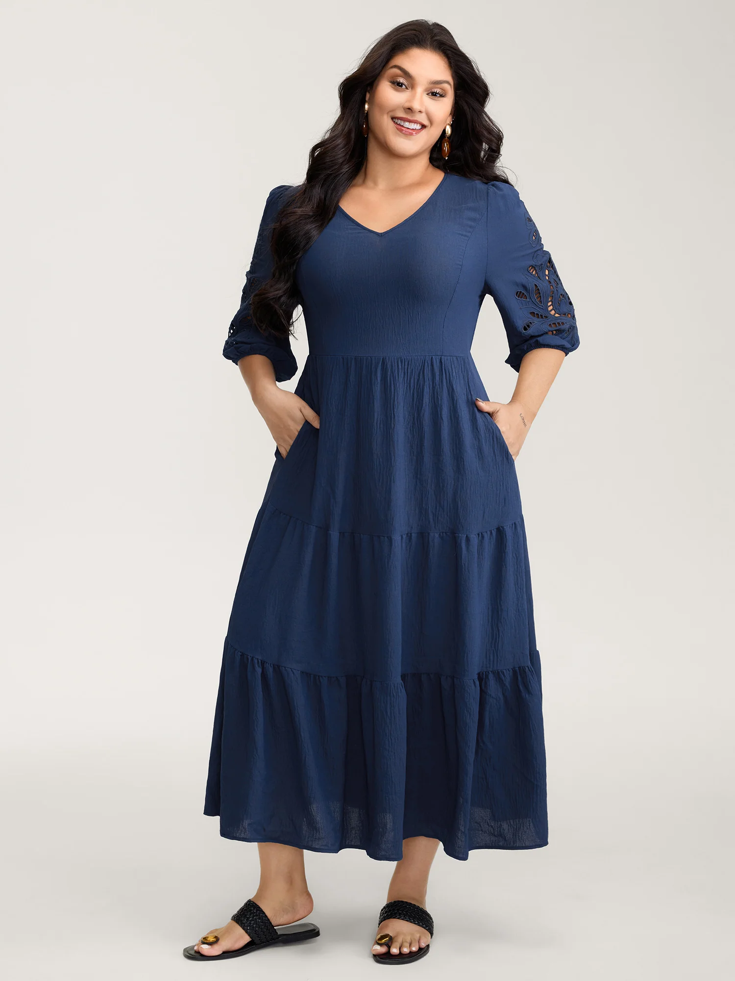 Floral Cut-Out Embroidery Tiered Maxi Dress - Image 3
