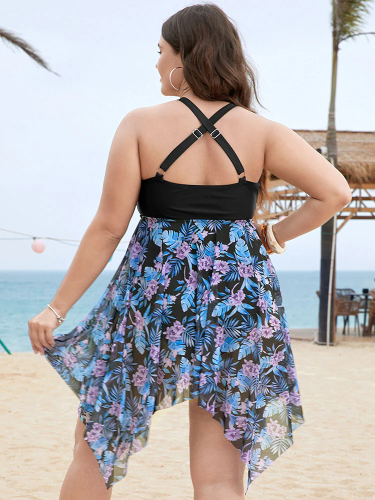 Floral Cut Out Halter Neck Hanky Hem Swim Dress - Image 2